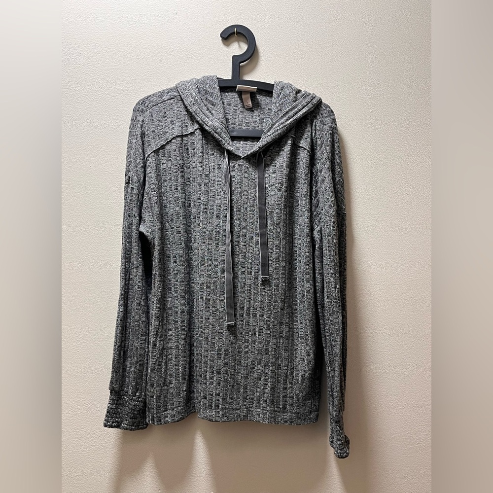 Knox Rose Off-Shoulder Boho Casual Ribbon Pull-On Hoodie, Sz L, Heather Gray